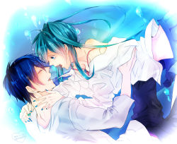 Rule 34 | 10s, 1boy, 1girl, 2012, aqua hair, bad id, bad pixiv id, blue background, blue hair, blush, character name, commentary request, dated, closed eyes, girl on top, hatsune miku, kaito (vocaloid), long hair, long sleeves, lying, on back, open mouth, pants, shirt, shun&#039;ichi rena, simple background, vocaloid, white shirt