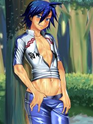 Rule 34 | 1boy, blue hair, looking at viewer, male focus, nature, naughty face, outdoors, smile, solo, sweat, tanakana, tree, undressing