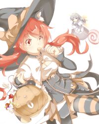 Rule 34 | 2girls, alternate hairstyle, animal ear fluff, animal ears, black dress, black headwear, black thighhighs, bow, braid, breasts, candy, capelet, cat ears, cat girl, cleavage, commentary request, dress, extra ears, food, food in mouth, hair bow, halloween, halloween costume, hat, highres, jack-o&#039;-lantern, kaenbyou rin, lollipop, medium breasts, multiple girls, orange bow, orange thighhighs, psychopath idiot, red eyes, red hair, skull, small breasts, striped clothes, striped thighhighs, thighhighs, touhou, twin braids, variant set, white capelet, witch hat, zombie fairy (touhou)