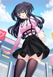 Rule 34 | 1girl, black hair, black skirt, blue sky, blush, breasts, brown eyes, brown thighhighs, commentary request, highres, idolmaster, idolmaster shiny colors, long hair, long sleeves, looking at viewer, mayuzumi fuyuko, medium breasts, open mouth, pink shirt, ririko (zhuoyandesailaer), shirt, skirt, sky, smile, solo, thighhighs, two side up
