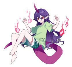 Rule 34 | 1girl, arms up, barefoot, bing zizi, clothes writing, commentary request, fire, frilled shorts, frills, full body, green shirt, green shorts, highres, horns, long hair, looking at viewer, open mouth, pointy ears, purple hair, purple horns, red horns, shirt, shorts, simple background, single horn, smile, solo, t-shirt, tenkajin chiyari, touhou, unfinished dream of all living ghost, very long hair, white background
