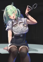 Rule 34 | 1girl, absurdres, antlers, belt, black thighhighs, blush, breasts, ceres fauna, chest harness, choker, cuffs, green hair, hair ribbon, handcuffs, harness, high-waist skirt, highres, holding, holding handcuffs, hololive, hololive english, horns, large breasts, looking at viewer, medium hair, midorimae, mole, mole under eye, open mouth, police, police uniform, policewoman, ribbon, shadow, simple background, sitting, skirt, solo, thighhighs, tongue, tongue out, two side up, uniform, virtual youtuber, watch, wristwatch, yellow eyes