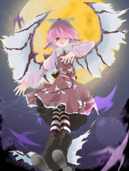 Rule 34 | 1girl, artist request, boots, female focus, from below, full moon, looking down, moon, mystia lorelei, night, one eye closed, outdoors, red eyes, short hair, sky, solo, striped clothes, striped thighhighs, thighhighs, touhou, wafuryavka, wings, wink