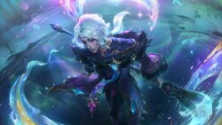 Rule 34 | 1boy, absurdres, aurora, closed mouth, coat, commentary, deer, english commentary, floating, frozen lake, fur-trimmed coat, fur trim, highres, holding, holding brush, holding weapon, hwei (league of legends), lake, league of legends, light particles, long hair, male focus, official alternate costume, official alternate hairstyle, official art, outdoors, ponytail, purple coat, purple eyes, smile, snow, snowflakes, solo, tree, weapon, white hair, winterblessed hwei