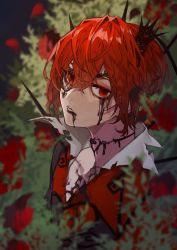 Rule 34 | 1boy, bad id, bad twitter id, choker, crossed bangs, crown, flower, hair between eyes, highres, ink, ink on face, ink stain, ktnsn0, looking at viewer, male focus, messy hair, mini crown, open mouth, overblot, red eyes, red hair, riddle rosehearts, rose, runny makeup, shirt, short hair, solo, torn clothes, twisted wonderland