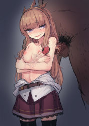 Rule 34 | 10s, 1boy, 1girl, armpit sex, bee (deadflow), belt, black thighhighs, blush, breasts, brown hair, cagliostro (granblue fantasy), censored, crossed arms, cum, cum on body, cum on breasts, cum on upper body, dress shirt, ejaculation, fang, gradient background, granblue fantasy, hairband, hetero, light brown hair, long hair, miniskirt, nipples, open clothes, open mouth, open shirt, partially undressed, penis, purple eyes, purple skirt, shirt, skirt, small breasts, smile, solo focus, spikes, standing, thighhighs, topless, zettai ryouiki