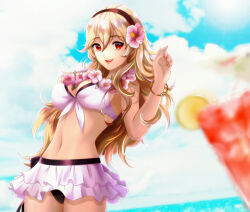 1girl absurdres arm_up bangle beach bikini black_trim blonde_hair bracelet breasts cleavage cloud corrin_(female)_(fire_emblem) corrin_(female)_(summer)_(fire_emblem) corrin_(fire_emblem) cup drink drinking_glass esther_shen fingernails fire_emblem fire_emblem_fates fire_emblem_heroes flower flower_necklace food front-tie_bikini_top front-tie_top fruit hair_between_eyes hair_flower hair_ornament hairband highres jewelry lemon lemon_slice long_hair looking_at_viewer medium_breasts nail_polish navel necklace nintendo parted_bangs parted_lips pink_nails red_eyes ribbon ribbon-trimmed_skirt ribbon_trim skirt smile solo solo_focus sun swimsuit swimsuit_skirt water wavy_hair white_bikini white_skirt wide_hips