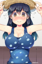 Rule 34 | 10s, 1girl, ahoge, armpits, bare shoulders, blue eyes, blue hair, blush, breasts, brown hat, cleavage, embarrassed, female focus, flying sweatdrops, gradient background, hair between eyes, hands on headwear, hat, highres, kantai collection, large breasts, long hair, looking at viewer, matching hair/eyes, multicolored eyes, one-piece swimsuit, polka dot, polka dot swimsuit, sakimori dan, skirt, smile, solo, sun hat, swimsuit, swimsuit under clothes, twitter username, upper body, ushio (kancolle), yellow eyes