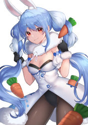 Rule 34 | 1girl, animal ear fluff, animal ears, black gloves, black leotard, blue hair, braid, breasts, brown pantyhose, carrot hair ornament, cleavage, closed mouth, commentary request, don-chan (usada pekora), dress, food-themed hair ornament, fur-trimmed dress, fur-trimmed gloves, fur trim, gloves, hair between eyes, hair ornament, hands up, highres, hololive, kgr, leotard, long hair, multicolored hair, pantyhose, rabbit ears, red eyes, short eyebrows, simple background, small breasts, smile, strapless, strapless dress, strapless leotard, thick eyebrows, twin braids, twintails, two-tone hair, usada pekora, usada pekora (1st costume), very long hair, virtual youtuber, white background, white dress, white hair