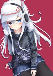 Rule 34 | 1girl, absurdres, anchor symbol, black pantyhose, blue eyes, blue hair, blue skirt, blush, camouflage, camouflage jacket, closed mouth, collarbone, commentary request, earmuffs, flat cap, fur-trimmed jacket, fur trim, hammer and sickle, hat, hibiki (kancolle), highres, jacket, kantai collection, long hair, long sleeves, odeclea, pantyhose, pleated skirt, red background, simple background, sitting, skirt, sleeves past wrists, solo, star (symbol), verniy (kancolle), very long hair, white hat