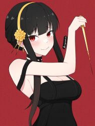 Rule 34 | 1girl, atamonica, bare shoulders, black dress, black hair, blood, bloody weapon, blush, breasts, cleavage, dagger, dress, earrings, eyebrows visible through hat, gold earrings, gold hairband, hairband, jewelry, knife, large breasts, looking at viewer, medium breasts, red background, red eyes, short hair with long locks, sidelocks, smile, solo, spy x family, stiletto (weapon), weapon, yor briar