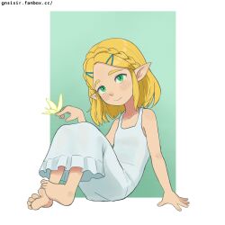Rule 34 | 1girl, absurdres, aged down, arm support, barefoot, blonde hair, blush, braid, child, closed mouth, dress, elf, eyebrows, eyelashes, feet, female focus, fingernails, flat chest, french braid, full body, gnsisir, green background, green eyes, highres, knees up, leaning back, legs together, medium hair, nintendo, pointy ears, princess zelda, princess zelda (tears of the kingdom), simple background, sitting, sleeveless, sleeveless dress, smile, solo, the legend of zelda, the legend of zelda: tears of the kingdom, toes, two-tone background, white background, white dress