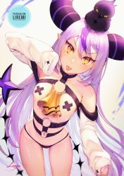 Rule 34 | 1girl, :p, arm up, bare shoulders, bird, black panties, braid, breasts, collarbone, commentary, cowboy shot, crossed bandaids, demon girl, demon horns, english commentary, forehead, hair between eyes, highres, hololive, holox, horns, la+ darknesss, legs apart, liremi, long hair, looking at viewer, micro panties, multicolored hair, navel, o-ring, off shoulder, panties, pasties, patreon username, pink hair, pointy ears, revealing clothes, signature, sleeves past wrists, small breasts, solo, streaked hair, tongue, tongue out, two-tone hair, underwear, v-shaped eyebrows, virtual youtuber, white sleeves, yellow eyes