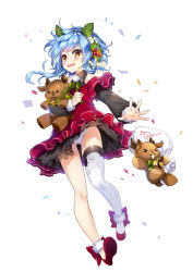 Rule 34 | &gt; &lt;, 1girl, :3, bell, blue hair, blush, blush stickers, christmas, christmas tree, clenched hand, d:, dress, embarrassed, closed eyes, fang, full body, fur trim, gluteal fold, hair ornament, hairband, hieihirai, highres, holly, holly hair ornament, lace, legs, long sleeves, looking at viewer, merry christmas, neck ribbon, hugging object, open mouth, original, panties, pantyshot, red dress, red footwear, ribbon, sack, shoes, short hair with long locks, simple background, single thighhigh, solo, star (symbol), stuffed animal, stuffed reindeer, stuffed toy, thighhighs, underwear, wavy mouth, white background, white panties, white thighhighs, wing collar, yellow eyes