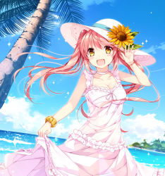 Rule 34 | 1girl, :d, bare arms, beach, bracelet, breasts, cleavage, cloud, cloudy sky, collarbone, day, dress, flower, hair flower, hair ornament, hat, jewelry, long hair, medium breasts, mochizuki shiina, ocean, open mouth, original, outdoors, palm tree, pink hair, scrunchie, skirt hold, sky, smile, solo, sparkle, sun hat, sundress, sunflower, sunflower hair ornament, tree, waving, wrist scrunchie, yellow eyes