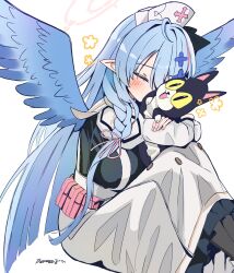 Rule 34 | 1girl, absurdres, ahoge, black pantyhose, black shirt, blue archive, blue hair, blue wings, blush, breasts, buttons, closed eyes, crossed arms, double-breasted, feathered wings, feet out of frame, from side, hair between eyes, hair ornament, hat, highres, hugging object, large breasts, long hair, long skirt, long sleeves, mine (blue archive), nurse cap, pantyhose, pointy ears, sailor collar, shirt, simple background, sitting, skirt, solo, straight hair, stuffed animal, stuffed cat, stuffed toy, thomason366, very long hair, white background, white sailor collar, white skirt, wings