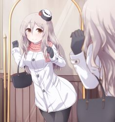 Rule 34 | 10s, 1girl, bag, black gloves, black pantyhose, blurry, brown eyes, buttons, coat, depth of field, from behind, giorgio claes, gloves, green hair, handbag, hat, highres, kantai collection, long hair, mirror, pantyhose, pola (kancolle), scarf, smile, solo, thick eyebrows, wavy hair
