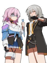 Rule 34 | 2girls, anger vein, angry, arrow (projectile), black gloves, black jacket, black skirt, blue eyes, blue skirt, clenched hand, closed mouth, commentary, disgust, flasso, gloves, grey hair, hair between eyes, highres, holding, holding arrow, honkai: star rail, honkai (series), jacket, long sleeves, looking at viewer, march 7th (honkai: star rail), multiple girls, off-shoulder shirt, off shoulder, open mouth, partially fingerless gloves, pleated skirt, purple hair, shaded face, shirt, sidelocks, simple background, skirt, stelle (honkai: star rail), sweatdrop, symbol-only commentary, trailblazer (honkai: star rail), white background, white shirt