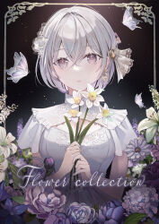 Rule 34 | 1girl, absurdres, animal, blue flower, breasts, brown eyes, bug, butterfly, comiket 101, commentary request, cover, cover page, crossed bangs, daffodil, dress, earrings, flower, flower earrings, flower request, grey hair, hair between eyes, hair flower, hair ornament, hands up, highres, holding, holding flower, hydrangea, insect, iren lovel, jewelry, lily (flower), looking at viewer, medium breasts, original, parted lips, purple flower, purple rose, rose, short hair, short sleeves, single earring, solo, upper body, white dress, white flower