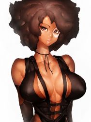Rule 34 | 1girl, afro, bare shoulders, big hair, breasts, breasts apart, brown eyes, brown hair, cleavage, collarbone, covered erect nipples, domino (marvel), fumio (rsqkr), large breasts, looking at viewer, marvel, parted lips, solo, thick thighs, thighs, upper body, white background