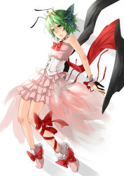 Rule 34 | 1girl, antennae, bare shoulders, bifrst, bow, butterfly wings, cape, choker, corset, crown, female focus, frilled skirt, frills, green eyes, highres, insect wings, princess wriggle, ribbon, shoes, short hair, skirt, solo, tiara, touhou, white background, wings, wriggle nightbug, wrist cuffs