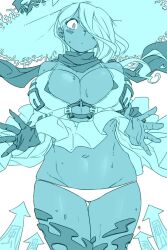 Rule 34 | 1girl, abyssal ship, aqua theme, arrow (symbol), bikini, bikini under clothes, blush, breasts, cleavage, closed mouth, commentary request, dress, gloves, hair over one eye, hat, highres, kantai collection, large breasts, monochrome, navel, oso (toolate), scarf, seaport summer princess, simple background, single glove, solo, straw hat, sweat, swimsuit, wind, wind lift