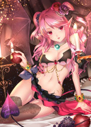 Rule 34 | 1girl, :p, apple, artist name, black panties, bracelet, breasts, cameltoe, candle, dated, demon girl, demon tail, flower, food, fruit, gem, grapes, hair flower, hair ornament, highres, jewelry, looking at viewer, lots of jewelry, navel, necklace, original, panties, pink eyes, pink hair, pointy ears, ryuki@maguro-ex, signature, sitting, smile, solo, tail, thigh gap, thighhighs, tongue, tongue out, twintails, two side up, underwear, wings