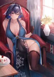 Rule 34 | 1girl, absurdres, blue eyes, blue hair, breasts, chair, cleavage, dress, gloves, halter dress, halterneck, highres, hololive, hololive english, lace, lace-trimmed legwear, lace trim, large breasts, looking at viewer, ouro kronii, pelvic curtain, short hair, sitting, solo, thighhighs, virtual youtuber, yujieai