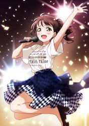 Rule 34 | 1girl, ahoge, aida rikako, arm up, birthday, blue skirt, blush, breasts, brown hair, commentary request, highres, holding, holding microphone, kougi hiroshi, long hair, medium breasts, microphone, ponytail, real life, shirt, short sleeves, skirt, solo, tears, voice actor, white shirt, yellow eyes
