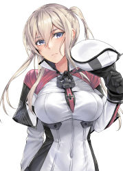 Rule 34 | 1girl, black gloves, blonde hair, blush, breasts, capelet, closed mouth, gloves, graf zeppelin (kancolle), hair between eyes, hat, highres, holding, holding clothes, holding hat, kantai collection, kokuzou, large breasts, long hair, long sleeves, military, military uniform, peaked cap, purple eyes, simple background, solo, uniform, unworn hat, unworn headwear, upper body, white background