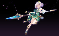 Rule 34 | 1girl, antenna hair, bare shoulders, blush, breasts, bridal gauntlets, brown footwear, commentary request, detached sleeves, dress, flower, green dress, hair between eyes, hair flower, hair ornament, highres, holding, holding polearm, holding spear, holding weapon, kokkoro (princess connect!), parted lips, pointy ears, polearm, princess connect!, puffy short sleeves, puffy sleeves, red eyes, revision, rx7649, sandals, see-through, see-through sleeves, short sleeves, silver hair, sleeveless, sleeveless dress, small breasts, solo, spear, standing, standing on one leg, weapon, white flower