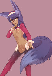 Rule 34 | 1girl, animal ears, breasts, dark-skinned female, dark skin, dated, female focus, fox ears, fox tail, glasses, hairband, halcyon (halcyon90), highres, long hair, navel, nipples, open mouth, orange eyes, original, purple background, purple hair, revealing clothes, reverse outfit, semi-rimless eyewear, simple background, small breasts, solo, tail
