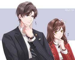 Rule 34 | 1boy, 1girl, absurdres, artem wing (tears of themis), artist name, bel 3001, black jacket, black necktie, blue eyes, brown hair, closed mouth, formal, green hair, hair ornament, hand on own chin, highres, jacket, long sleeves, looking at another, looking at viewer, necktie, polo shirt, purple background, red jacket, rosa (tears of themis), shirt, short hair, tears of themis, watch, white shirt, wristwatch