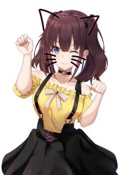 Rule 34 | 1girl, ;), absurdres, animal ears, bare shoulders, black choker, black ribbon, black skirt, blunt bangs, blush, bow, breasts, brown hair, cat ears, choker, closed mouth, collarbone, cowboy shot, face filter, fake animal ears, frilled sleeves, frills, hair ribbon, hands up, heart, heart choker, highres, lee roha, long hair, looking at viewer, medium breasts, nijisanji, nijisanji kr, off-shoulder shirt, off shoulder, one eye closed, paw pose, purple eyes, ribbon, ribbon-trimmed shirt, shirt, short sleeves, simple background, skirt, smile, solo, suspender skirt, suspenders, tokisato, twintails, virtual youtuber, whiskers, white background, white bow