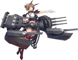 Rule 34 | 1girl, black skirt, breasts, brown hair, capelet, chain, coat, flipped hair, full body, gloves, green eyes, grin, headband, headgear, highres, kantai collection, large breasts, looking to the side, miniskirt, mutsu (kancolle), mutsu kai ni (kancolle), official art, pleated skirt, red thighhighs, rigging, rudder footwear, searchlight, shizuma yoshinori, short hair, simple background, skirt, smile, smokestack, solo, thighhighs, transparent background, turret, white background, white gloves