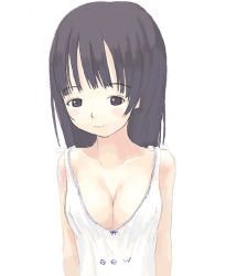Rule 34 | 1girl, black eyes, black hair, breasts, cleavage, lingerie, long hair, simple background, smile, solo, syzluna, tougetsu gou, underwear, white background