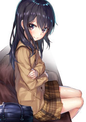 Rule 34 | 1girl, bag, black eyes, black hair, from side, hakuishi aoi, long hair, looking at viewer, looking to the side, original, plaid, plaid skirt, school bag, school uniform, sitting, skirt, smile, solo, white background
