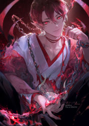 Rule 34 | 1boy, artist name, callarinc, chain, closed mouth, collarbone, commentary request, earrings, hair between eyes, highres, holding, japanese clothes, jewelry, kimono, long fingers, long sleeves, looking at viewer, male focus, onmyoji, pixiv id, pointy ears, red eyes, red theme, short hair, slit pupils, smile, solo, twitter username, upper body, white kimono