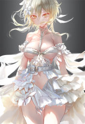 Rule 34 | 1girl, absurdres, belt, blonde hair, breasts, cowboy shot, dress, floating hair, genshin impact, hair between eyes, highres, large breasts, looking at viewer, lumine (genshin impact), pottsness, solo, standing, thighs, white belt, white dress, yellow eyes