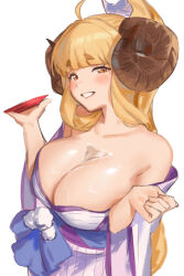 1girl ahoge anila_(granblue_fantasy) anila_(yukata)_(granblue_fantasy) bare_shoulders blonde_hair blush breasts breasts_squeezed_together bust_cup cleavage cup granblue_fantasy hands_up highres holding holding_cup horns japanese_clothes kimono large_breasts long_hair looking_at_viewer nuykkif off_shoulder open_mouth orange_eyes sakazuki sheep_horns simple_background smile solo thick_eyebrows upper_body white_background