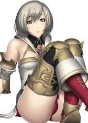 Rule 34 | 00s, 1girl, absurdres, ashelia b&#039;nargin dalmasca, bare shoulders, breasts, brown hair, final fantasy, final fantasy xii, highres, kansuke, looking at viewer, open mouth, panties, short hair, simple background, sitting, smile, solo, thighhighs, underwear, white background, yellow eyes