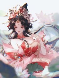 Rule 34 | 1girl, bare shoulders, brown hair, character request, chinese clothes, closed mouth, detached collar, detached sleeves, double bun, earrings, expressionless, eye mask, facial mark, flower, forehead mark, hair bun, hand up, highres, jewelry, jian xia qing yuan (series), jianxia qingyuan (series), jianxia qingyuan online 3, lily pad, long hair, looking at viewer, lotus, pearl earrings, qi xiu (jian xia qing yuan), solo, upper body, zhu qing