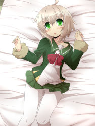 Rule 34 | 1girl, blonde hair, blush, breasts, fur-trimmed sleeves, fur trim, goma (gomasamune), green eyes, green skirt, highres, jacket, kantai collection, lips, long sleeves, looking at viewer, messy hair, neck ribbon, on bed, open mouth, pantyhose, pleated skirt, red ribbon, ribbon, school uniform, serafuku, shimushu (kancolle), short hair, skirt, small breasts, solo, white pantyhose