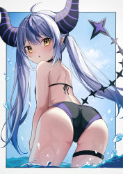 Rule 34 | 1girl, absurdres, ahoge, ass, back, bare arms, bare shoulders, bikini, black bikini, border, braid, chameleon (chameleon0613), demon horns, from behind, hair between eyes, highres, hololive, horns, la+ darknesss, long hair, looking at viewer, looking back, multicolored hair, pointy ears, purple hair, solo, streaked hair, striped horns, swimsuit, thigh strap, twintails, very long hair, virtual youtuber, wading, wet, yellow eyes