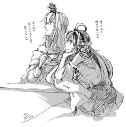 Rule 34 | 2girls, ahoge, bare shoulders, braid, head rest, crown, cup, dated, detached sleeves, double bun, dress, french braid, frilled skirt, frills, from side, greyscale, hair between eyes, hair over shoulder, hairband, headgear, holding, holding cup, japanese clothes, jewelry, kantai collection, kongou (kancolle), leaning forward, long hair, long sleeves, looking to the side, mini crown, monochrome, multiple girls, necklace, nontraditional miko, off-shoulder dress, off shoulder, plate, pleated skirt, remodel (kantai collection), ribbon, ribbon-trimmed sleeves, ribbon trim, sarashi, signature, simple background, skirt, smile, table, teacup, translation request, warspite (kancolle), white background, wide sleeves, yamada rei (rou)