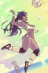 Rule 34 | 2girls, abs, amputee, armpits, ball, bandaged arm, bandages, biceps, black hair, blue hair, breasts, cleavage, commentary, dark-skinned female, dark skin, dutch angle, english commentary, highres, jumping, katawa shoujo, knee pads, long hair, looking at viewer, medium breasts, miura miki, multiple girls, muscular, muscular female, navel, ocean, over-kneehighs, playing sports, purple eyes, rtil, shoes, short shorts, shorts, sneakers, solo focus, sports bra, suzuki suzu, sweat, thighhighs, umpire, umpire chair, very dark skin, volleyball, volleyball (object), wristband