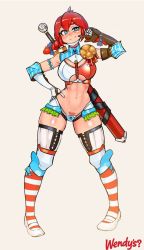 Rule 34 | 1girl, armor, blue eyes, braid, breasts, curvy, female pubic hair, full body, large breasts, navel, product girl, pubic hair, red hair, shoes, skindentation, solo, stomach, striped legwear, sword, thick thighs, thighs, twin braids, twintails, weapon, wendy&#039;s, wendy (wendy&#039;s), white footwear