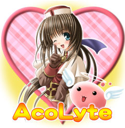 Rule 34 | 1girl, ;d, acolyte (ragnarok online), angel wings, blue eyes, brown gloves, brown hair, creature, elbow gloves, flying, full body, gloves, halo, heart, index finger raised, long hair, looking at viewer, noritama (gozen), one eye closed, open mouth, poring, puffy short sleeves, puffy sleeves, ragnarok online, short sleeves, smile, solo, upper body, wings