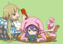 Rule 34 | 10s, 2girls, ahoge, aqua eyes, barefoot, bean bag chair, beanie, black eyes, blonde hair, blush, brown eyes, cushion, feet, futaba anzu, green background, hair bobbles, hair ornament, handheld game console, hat, idolmaster, idolmaster cinderella girls, idolmaster million live!, legs together, legs up, long hair, low twintails, lying, mochizuki anna, multiple girls, nintendo ds, no shoes, on back, on stomach, open mouth, pajamas, playing games, polka dot, purple hair, rabbit pajamas, reclining, simple background, striped clothes, striped legwear, striped thighhighs, the pose, thighhighs, twintails, yamamoto souichirou