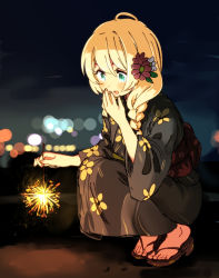 Rule 34 | 1girl, :d, blonde hair, blush, braid, covering own mouth, fireworks, flower, greyscale, hair flower, hair ornament, hair over shoulder, hand over own mouth, hand up, highres, holding, hota, latina (uchi no musume no tame naraba), long sleeves, monochrome, open mouth, red flower, sandals, smile, solo, sparkler, squatting, summer festival, twin braids, uchi no musume no tame naraba ore wa moshikashitara maou mo taoseru kamo shirenai.